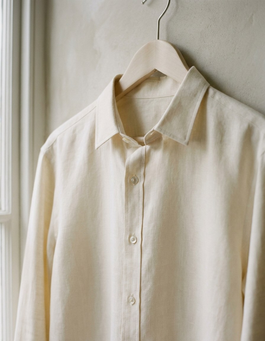 The Varenna Linen Shirt in Irish linen, on a wooden hanger