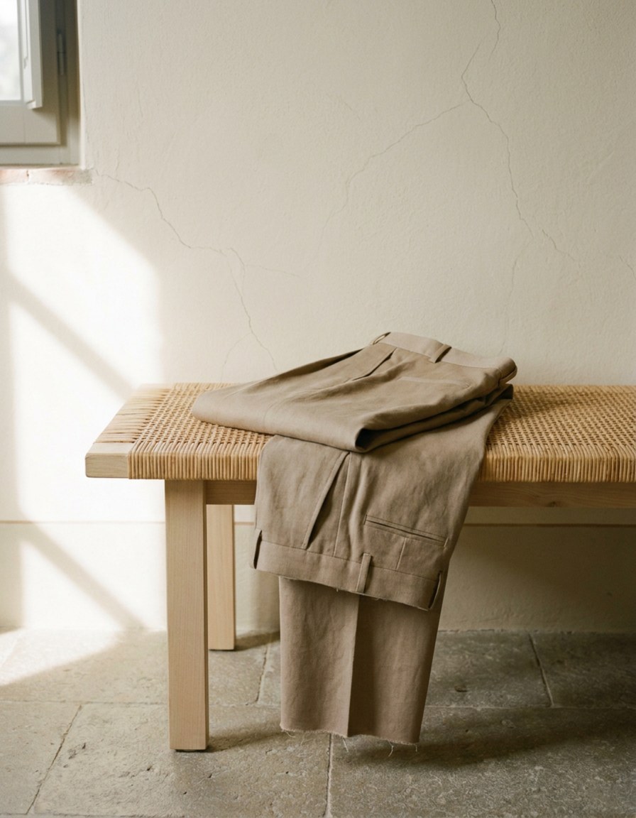 The Menaggio Linen Trouser in Irish linen, folded over a rattan bench with the raw hem hanging