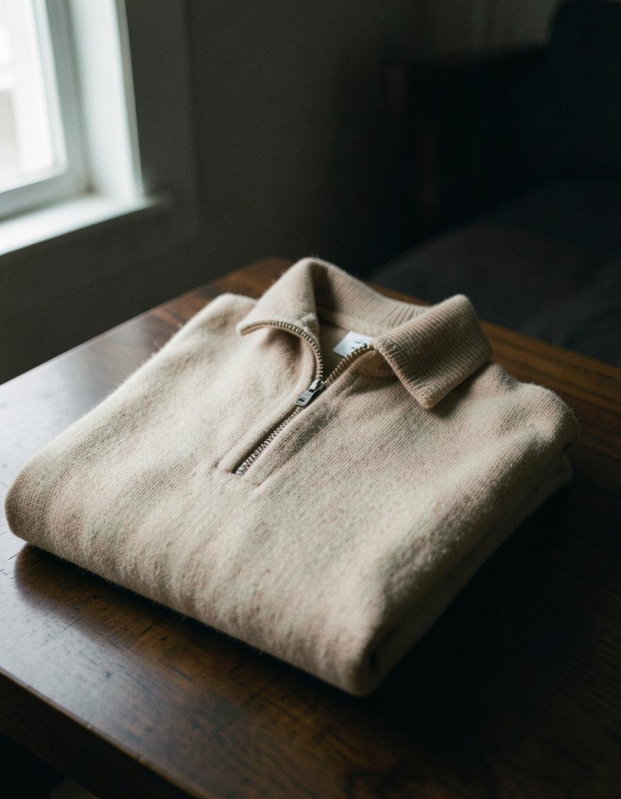 The Torno Quarter Zip in Italian cashmere, folded on walnut