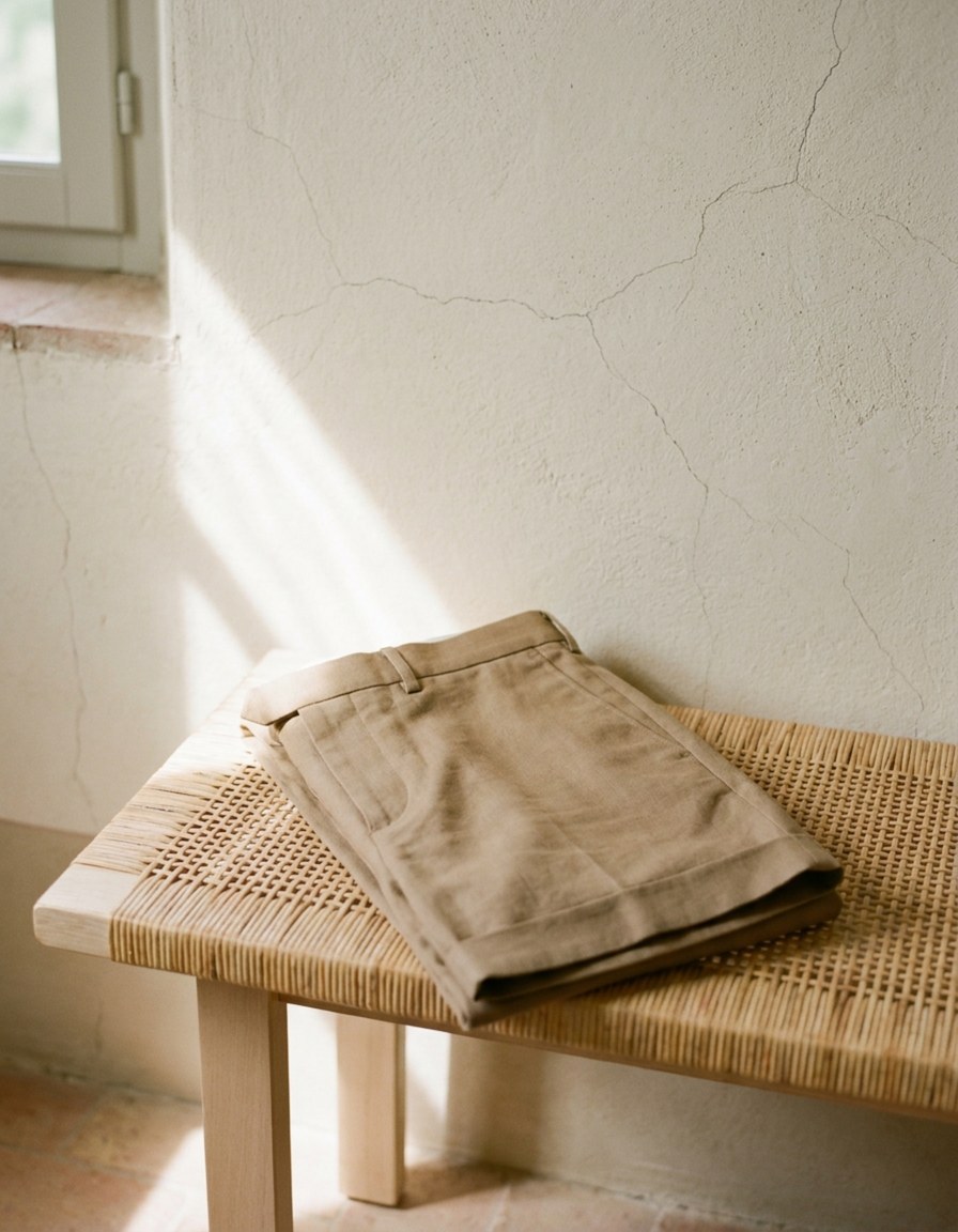 The Nesso Cotton-Linen Short, folded on a rattan bench